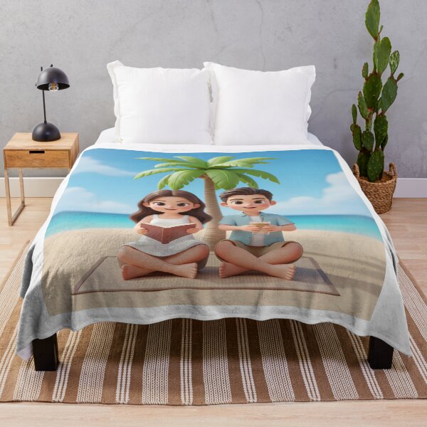Item preview, Beach Reading Couple Under Palm Tree - Tropical Relaxation Illustration designed and sold by HappyDigiart.