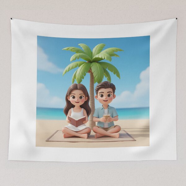 Item preview, Beach Reading Couple Under Palm Tree - Tropical Relaxation Illustration designed and sold by HappyDigiart.