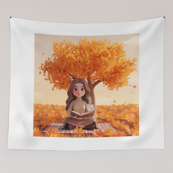 Item preview, Autumn Reading Under Orange Tree - Fall Season Cozy Illustration designed and sold by HappyDigiart.