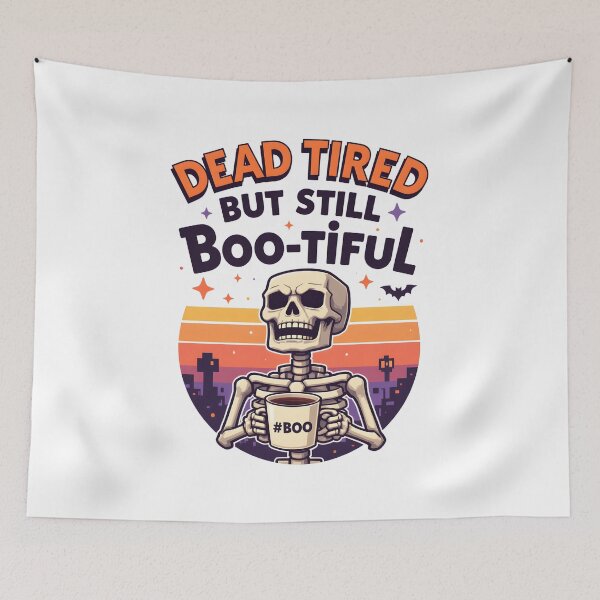 Item preview, Dead Tired but Still Boo-tiful Halloween T-Shirt – Retro Skeleton Coffee Tee, 70s Spooky Style designed and sold by relso.