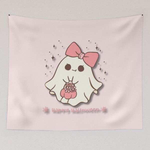 Item preview, Kawaii Happy Halloween Ghost In Pink Bow Trick-or-Treating Design designed and sold by MakersFolly.