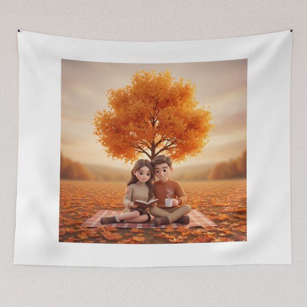 Item preview, Autumn Couple Reading Under Golden Tree - Fall Romance Illustration designed and sold by HappyDigiart.