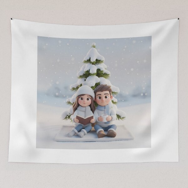 Item preview, Winter Couple Reading by Snowy Christmas Tree - Holiday Illustration designed and sold by HappyDigiart.