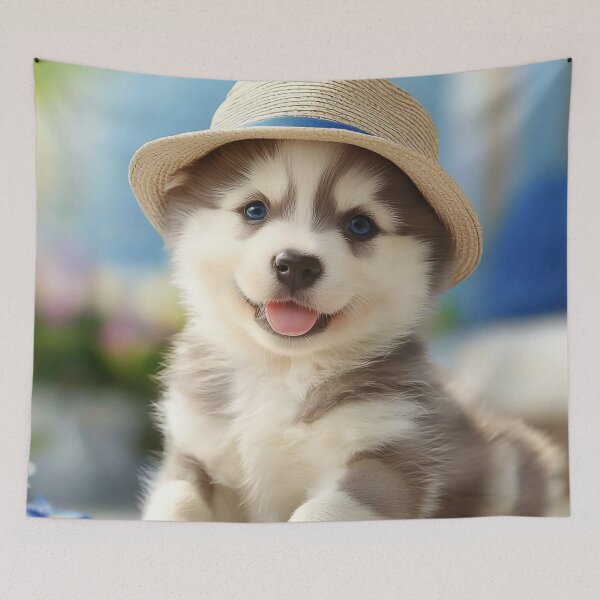 Item preview, Smiling Puppy with Straw Hat – Cute Summer Dog Art designed and sold by PaintbrushPlace.