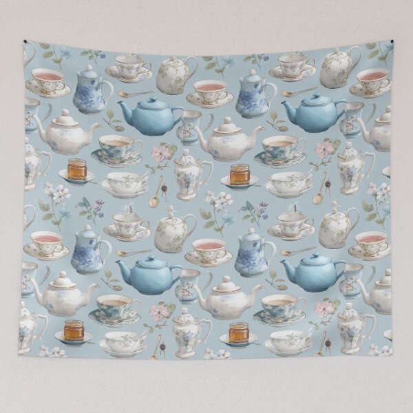 Item preview, Blue Tea - Vintage Tea Time Pattern | Blue Floral Teacups and Teapots designed and sold by Random Candy Studio.