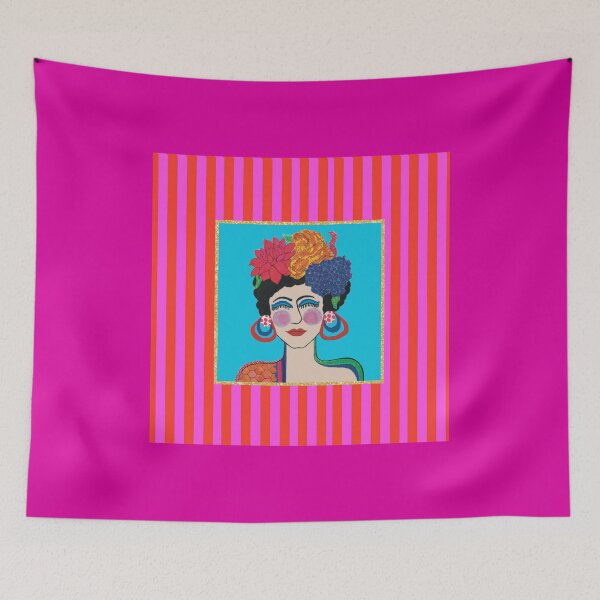 Item preview, Viva Hydrangea on Magenta - Pop Art Portrait on Pink & Red Striped Border designed and sold by Krissy Jenkins Art.