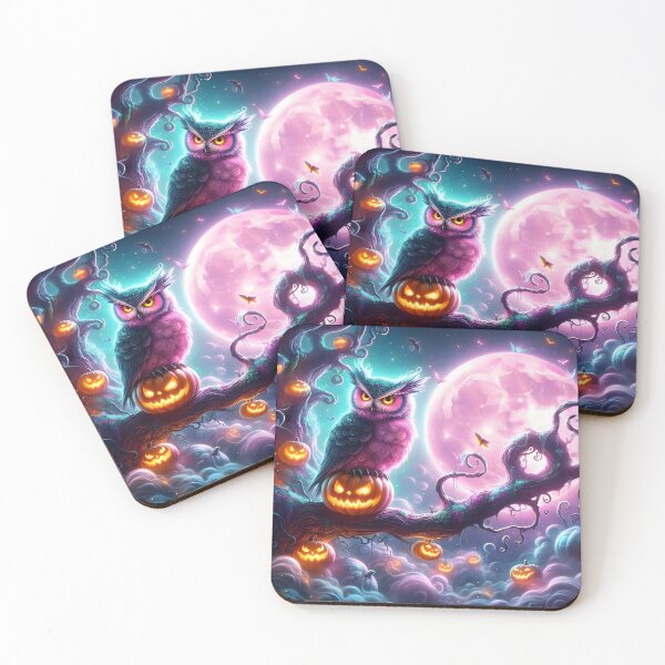 Item preview, Whimsical owl with glowing Halloween pumpkins and the pink moon no.1 designed and sold by DreamagineArtDesign.
