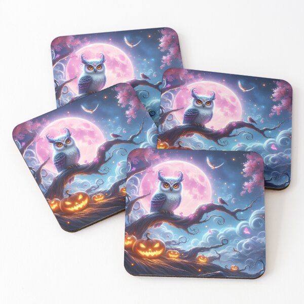 Item preview, Whimsical owl with glowing Halloween pumpkins and the pink moon no.2 designed and sold by DreamagineArtDesign.