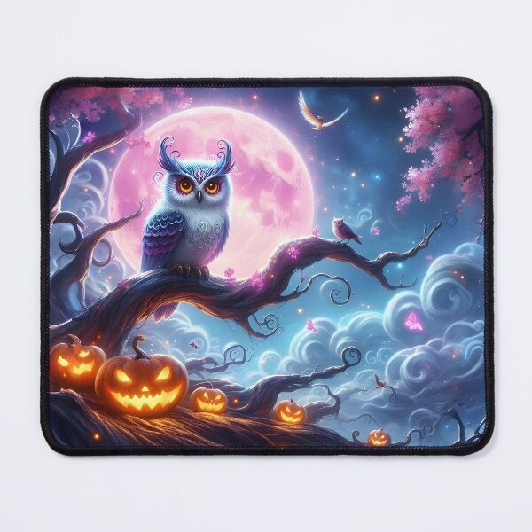 Item preview, Whimsical owl with glowing Halloween pumpkins and the pink moon no.2 designed and sold by DreamagineArtDesign.