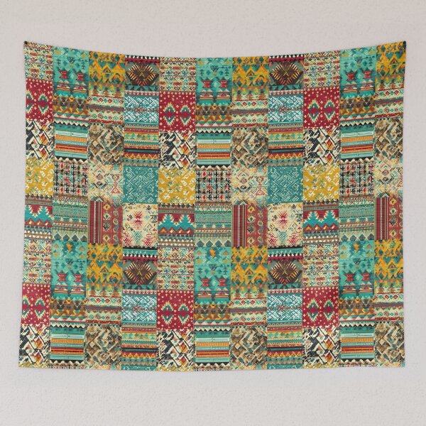 Item preview, Abstract boho patchwork in shades of turquoise and red. designed and sold by Piotrek0001.