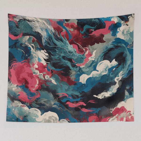 Item preview, Celestial Brush Dragon — Abstract Oriental Ink Art in Blue and Crimson designed and sold by JavisSRDesign.