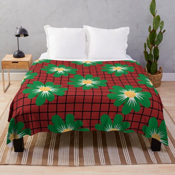 Item preview, Green and Yellow Flowers on Black Grid Table – Bold Floral Design on Red Background designed and sold by Cultradesign.