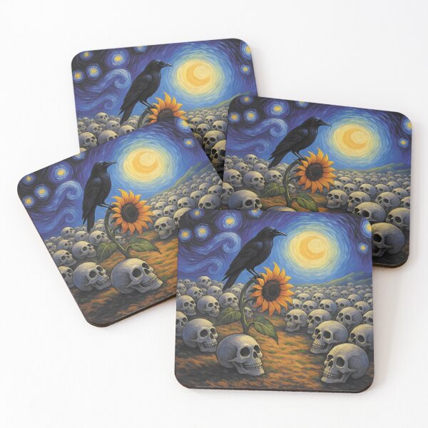Item preview, Halloween Starry Night Gothic Raven Skulls Sunflower Post-Impressionist Art Dark designed and sold by charlypicazo.