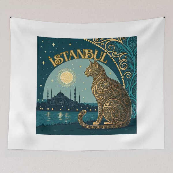 Item preview, Ornate Gold Cat Istanbul Skyline Art Print - Haghia Sophia Night View designed and sold by asliberry.