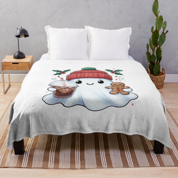 Item preview, Cheerful Cartoon Ghost with Coffee and Gingerbread Cookie Art designed and sold by RuweisVibes.