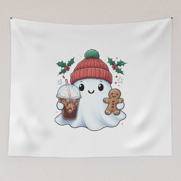 Item preview, Cheerful Cartoon Ghost with Coffee and Gingerbread Cookie Art designed and sold by RuweisVibes.