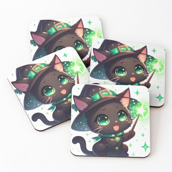 Item preview, Cute black cat holding a magic wand with green spell No.3 designed and sold by DreamagineArtDesign.