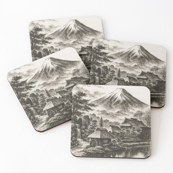 Item preview, Mount Fuji and Japanese Village Ink Art designed and sold by MINE Design-Works.