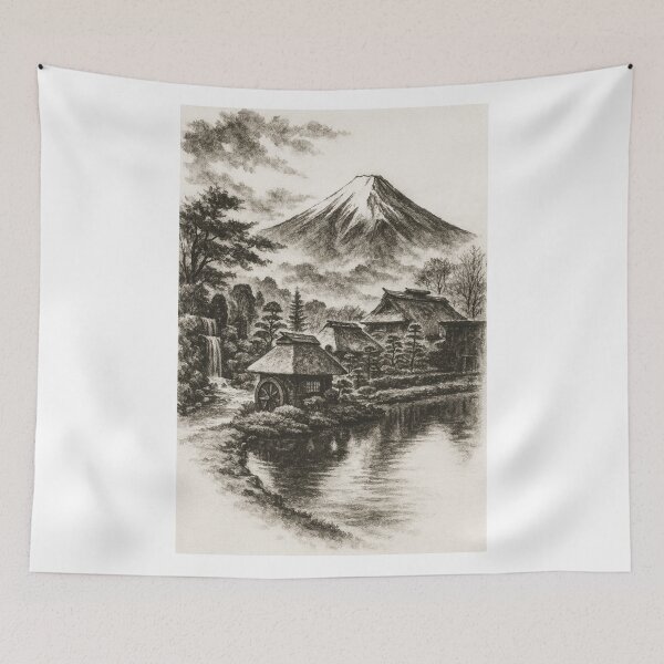 Item preview, Mount Fuji and Japanese Village Ink Art designed and sold by MINE Design-Works.