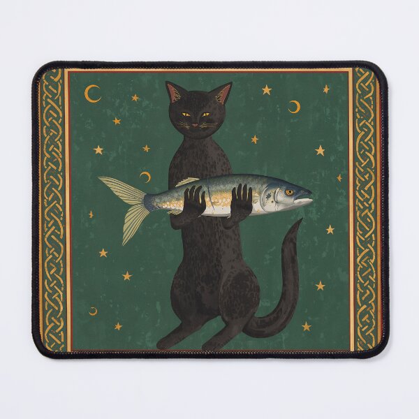 Item preview, Black Cat Holding Fish Medieval Art designed and sold by PictorialWhimsy.