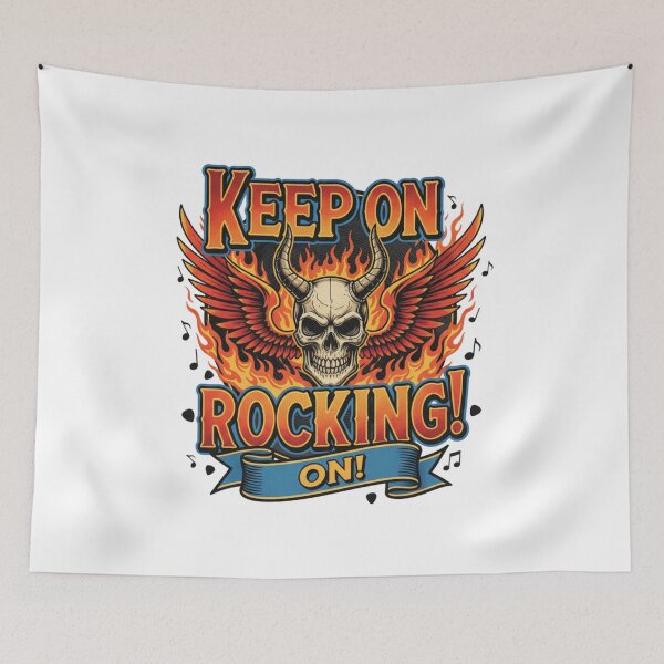 Item preview, Keep On Rocking Skull Devil Horns Wings of Fire Symbol Rock Metal Illustration Vintage Gothic Biker Motorcyclist designed and sold by DibuHumor.