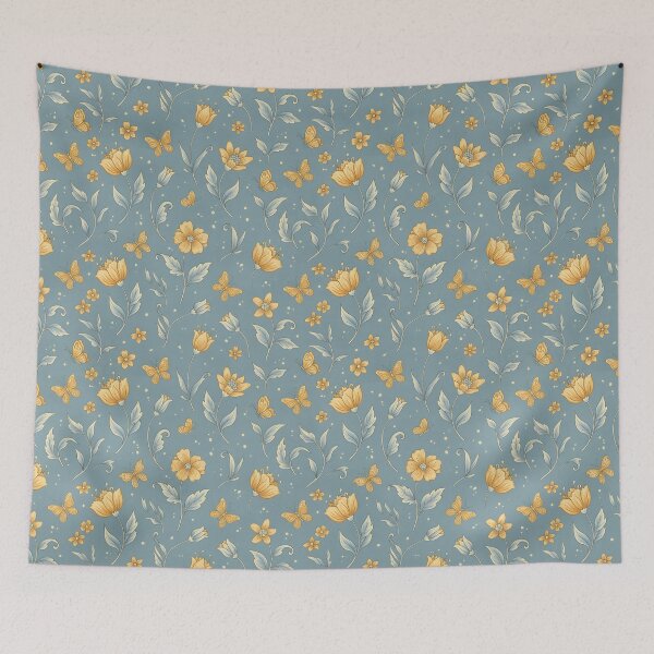 Item preview, Golden Blooms & Butterflies - Whimsical Blue Floral Seamless Pattern designed and sold by HolmeProud.