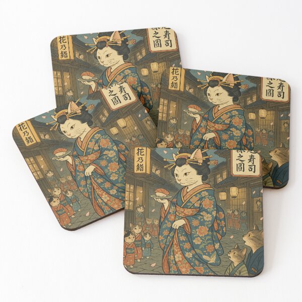 Item preview, Sushi & Sakura under the Moon – Oiran Cat in Edo Night designed and sold by kawachiicute.