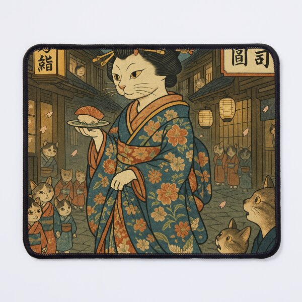 Item preview, Sushi & Sakura under the Moon – Oiran Cat in Edo Night designed and sold by kawachiicute.