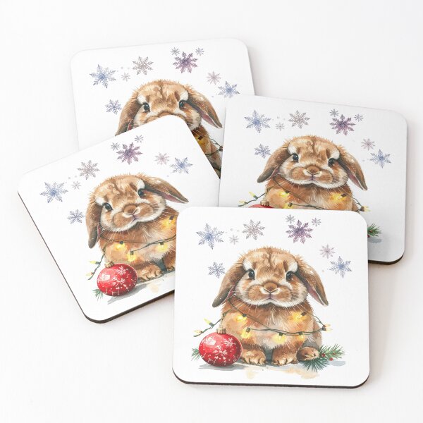 Item preview, Brown ram rabbit wrapped with Christmas lights, Christmas tree ball and snowflakes designed and sold by LiskoDesign.