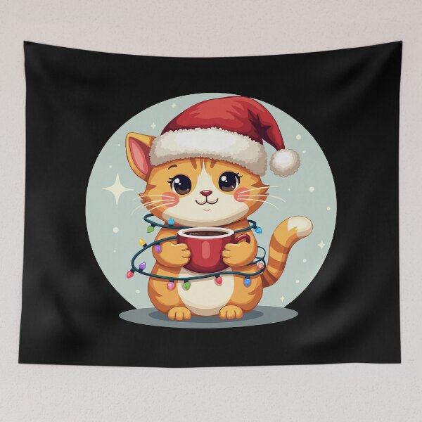 Item preview, Cuddly Kawaii Christmas Cat - Cute Cat with Fairy Lights & Cocoa - Funny Christmas T-Shirt designed and sold by Hans-Design.