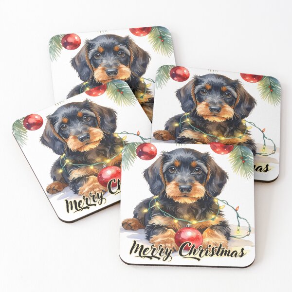 Item preview, Wire-haired dachshund wrapped with Christmas lights under the tree Merry Christmas Text designed and sold by LiskoDesign.