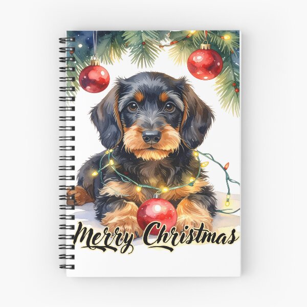 Item preview, Wire-haired dachshund wrapped with Christmas lights under the tree Merry Christmas Text designed and sold by LiskoDesign.