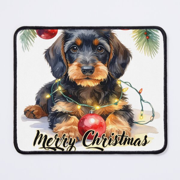 Item preview, Wire-haired dachshund wrapped with Christmas lights under the tree Merry Christmas Text designed and sold by LiskoDesign.