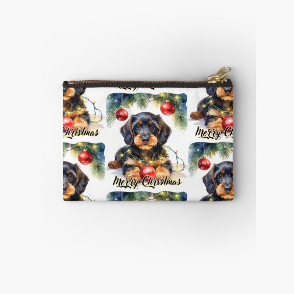 Item preview, Wire-haired dachshund wrapped with Christmas lights under the tree Merry Christmas Text designed and sold by LiskoDesign.