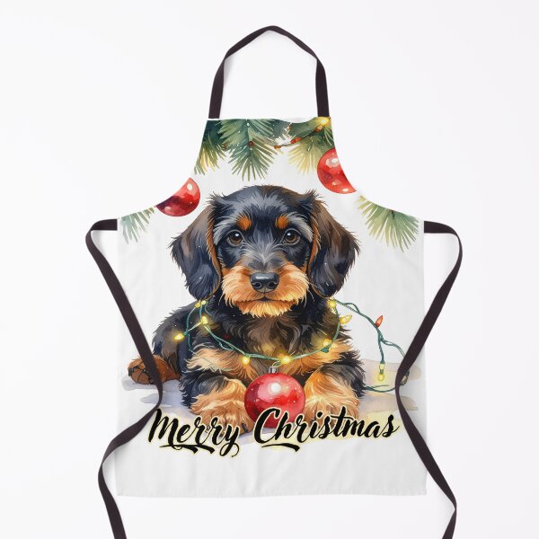 Item preview, Wire-haired dachshund wrapped with Christmas lights under the tree Merry Christmas Text designed and sold by LiskoDesign.