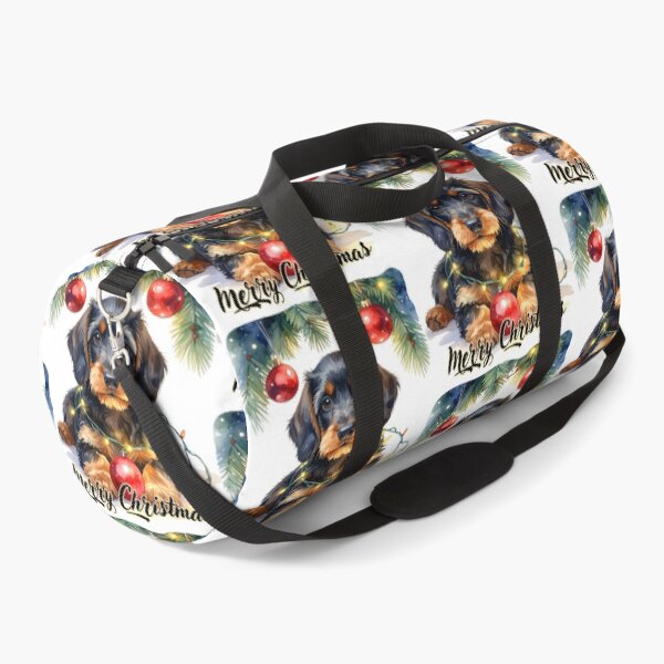 Item preview, Wire-haired dachshund wrapped with Christmas lights under the tree Merry Christmas Text designed and sold by LiskoDesign.