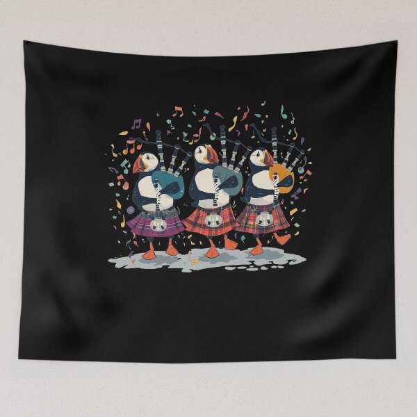 Item preview, Scottish Highland Puffin Pipers - Traditional Tartan Kilt Bagpipe Art - Scotland Celtic Music Heritage Gift designed and sold by Loom on the Loch.