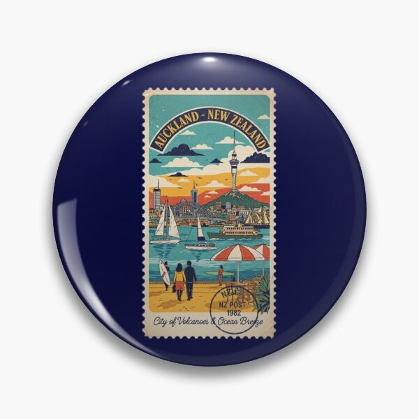 Item preview, Auckland, New Zaland, Vintage View, City of Volcanoes and Ocean Breeze, Postal stamp designed and sold by UrbanGraphixs.