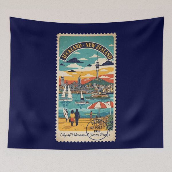 Item preview, Auckland, New Zaland, Vintage View, City of Volcanoes and Ocean Breeze, Postal stamp designed and sold by UrbanGraphixs.
