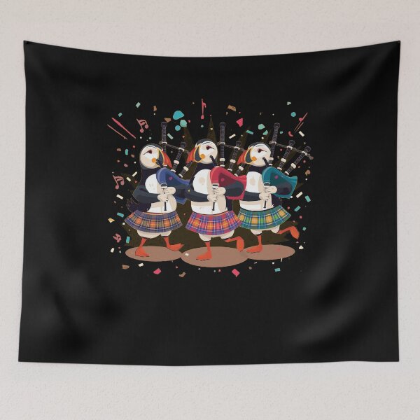 Item preview, Traditional Scottish Puffin Band - Highland Bagpipe Tartan Music Art - Scotland Celtic Kilt Heritage Design Gift designed and sold by Loom on the Loch.