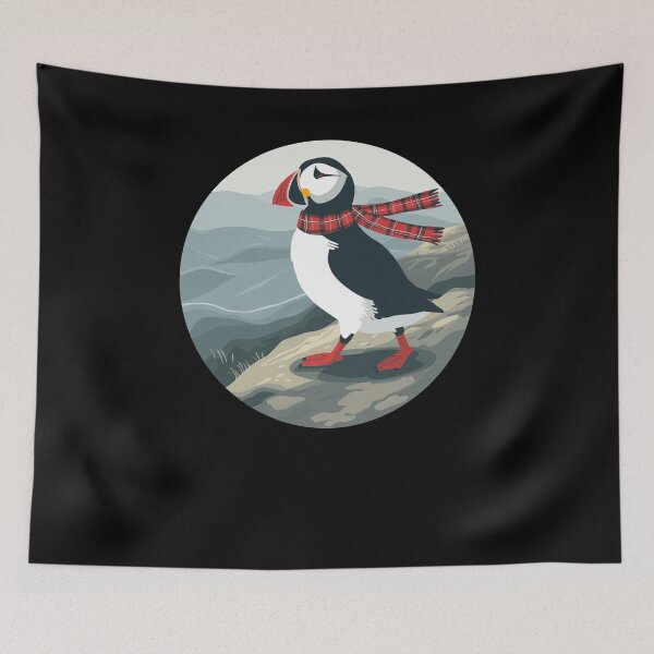 Item preview, Scottish Highland Puffin Design - Tartan Scarf Scotland Sea Bird Art - Coastal Heritage Landscape Gift designed and sold by Loom on the Loch.