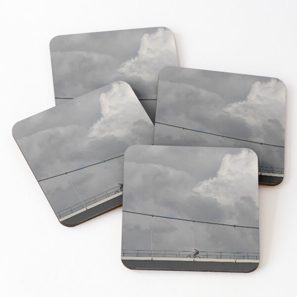Item preview, Cyclist on a Bridge Under a Heavy Sky – Minimalist Dutch Winter Photography designed and sold by soupbreakfast.