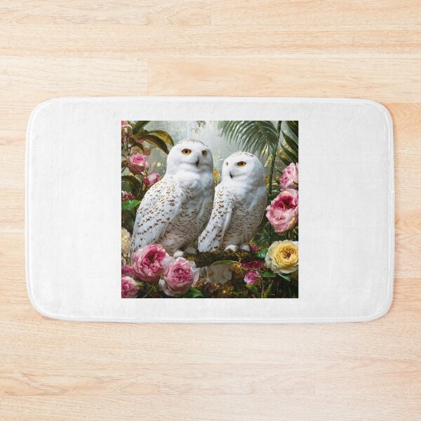 Item preview, Majestic Snow Owls on Gold Branch with Roses – Jungle Forest Wildlife Art, Nature Lover Gift designed and sold by BloomingBeauty7.