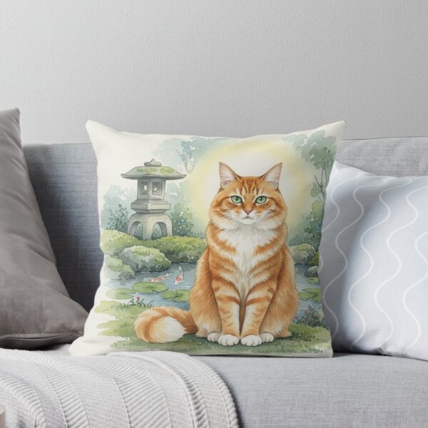 Item preview, Gato naranja tranquilo en un jardín zen – Arte de acuarela de gato jengibre – Diseño de regalo para amantes de los gatos pacíficos designed and sold by MadeByACJ.