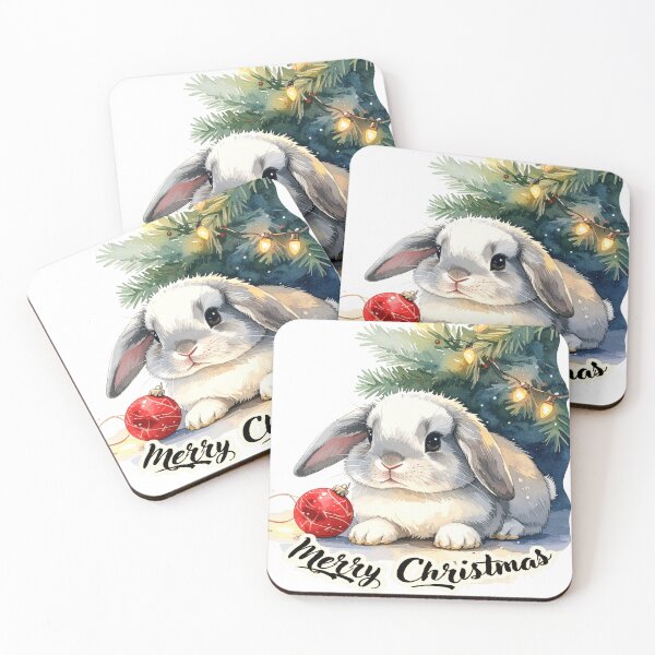 Item preview, Grey ram rabbit lies under the Christmas tree, Christmas tree ball Merry Christmas Text designed and sold by LiskoDesign.
