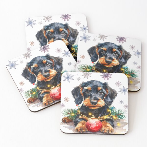 Item preview, Wire-haired dachshund wrapped with Christmas lights and snowflakes designed and sold by LiskoDesign.