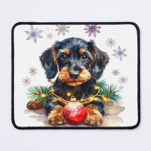 Item preview, Wire-haired dachshund wrapped with Christmas lights and snowflakes designed and sold by LiskoDesign.