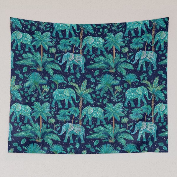 Item preview, Starry Indian night, elephants, palm trees in jeweled blue and turquoise designed and sold by SophieClimaArt.