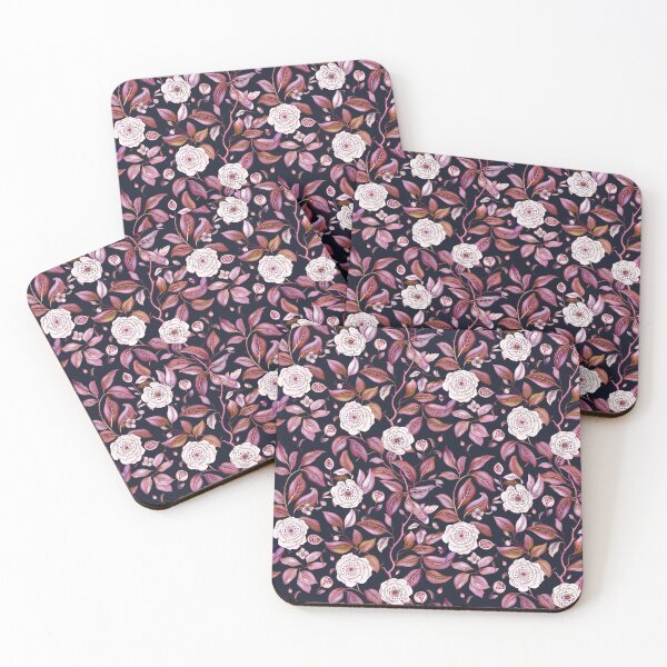 Item preview, White flowers, pink leaves and branches intertwine across a dark ground creating a botanical wonderland designed and sold by Alex  Blud.