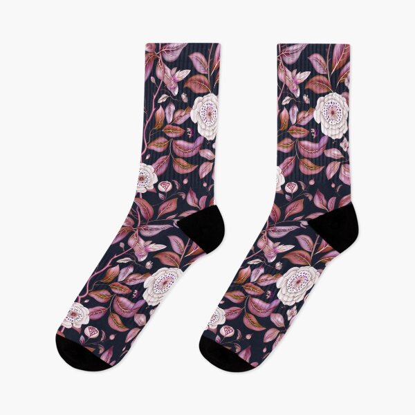 Item preview, White flowers, pink leaves and branches intertwine across a dark ground creating a botanical wonderland designed and sold by Alex  Blud.